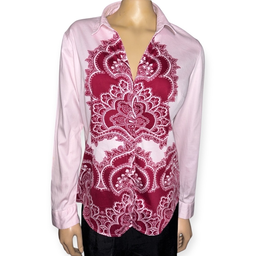 New York & Company Pink Paisley Women's long sleeve button front tunic top sz L